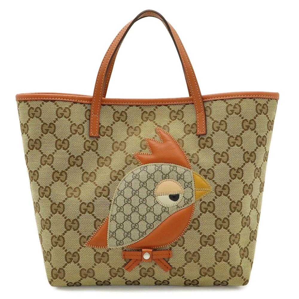 Gucci GG Canvas ZOO Papagallo Parrot Bird Tote Bag Beige Brown Cream Orange
